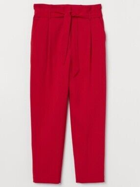 H&M Cropped Crepe Trousers High Waist Ankle Pants Sash Tie Dressy Drapey Red XXL